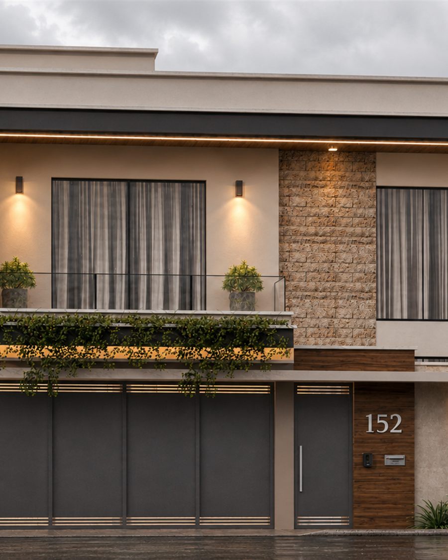 Imagem 3D da Residência Highgarden com fachada residencial contemporânea.